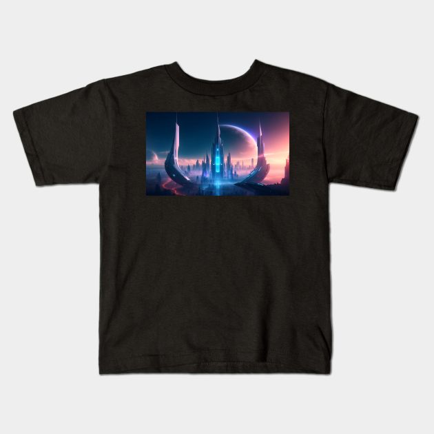 Futuristic city with beautiful sky landscape Kids T-Shirt by WODEXZ